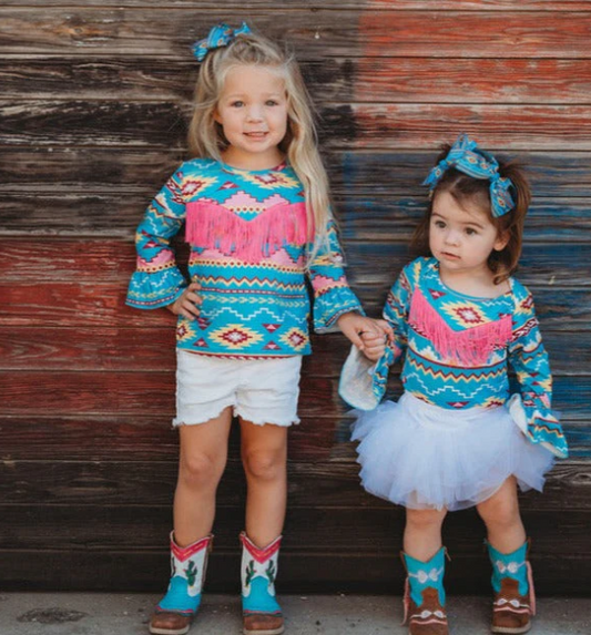 Multi Turq Aztec LS w/Fringe Top