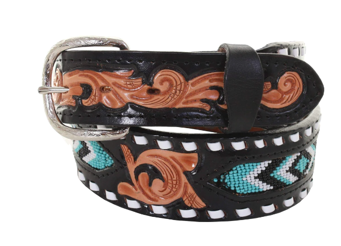 DJ Turqoise/Blk/White Beaded Tooled Belt