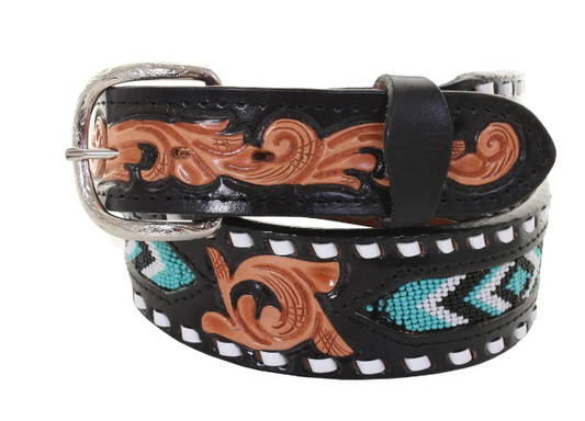 DJ Turqoise/Blk/White Beaded Tooled Belt