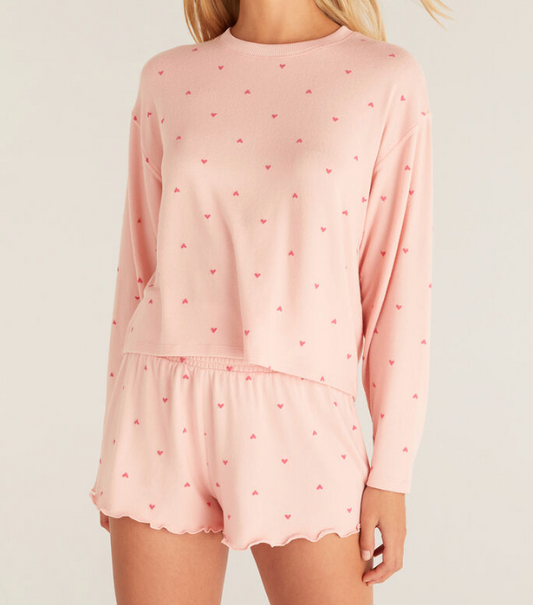 Z Supply Happy Heart Long Sleeve Top Pink Candy S