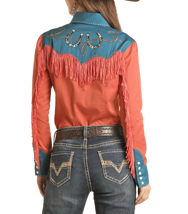 RRWSOSR0PQ Rock & Roll Denim Ladies Retro Floral Print Snap Shirt- Blue main image 1