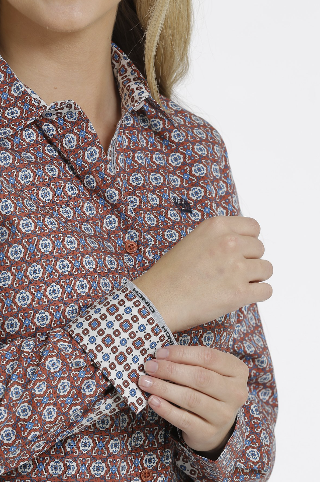 Cinch Long Sleeve Copper Blue Printed Button Down Western Shirt