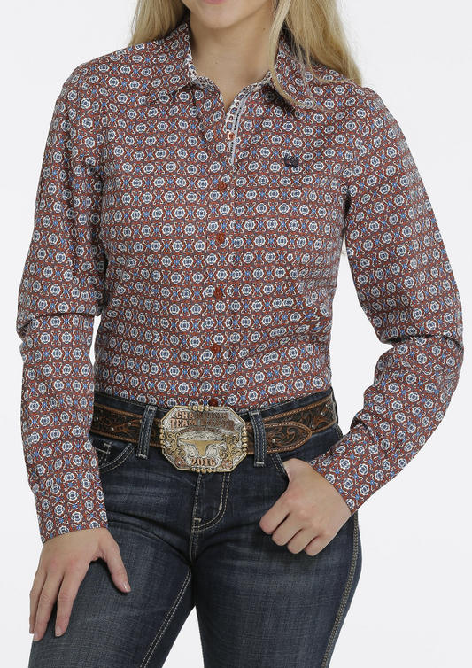 Cinch Long Sleeve Copper Blue Printed Button Down Western Shirt