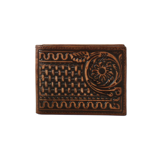 3D Bifold Floral Basketweave Brown Wallet