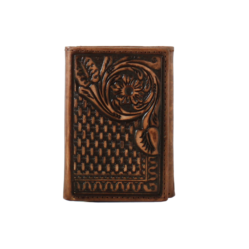 3D Trifold Floral Basketweave Brown Wallet
