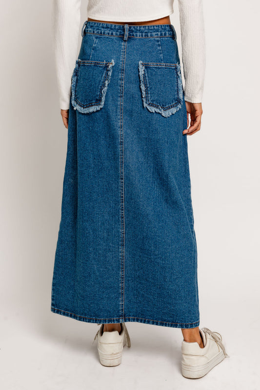 High Waisted Raw-Hem Denim Midi Skirt