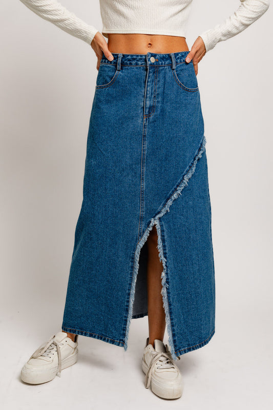 High Waisted Raw-Hem Denim Midi Skirt
