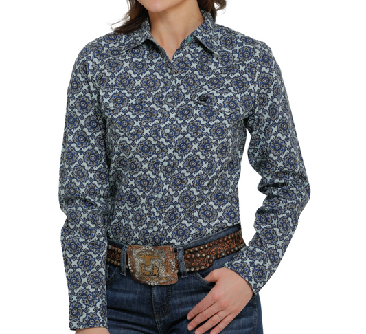 Cinch Womens Long Sleeve Printed Pearl Snap Shirt Light Blue XS