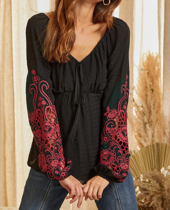 Red Embroidered Sleeves Black Top
