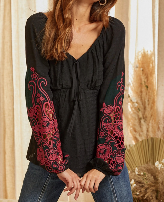 Red Embroidered Sleeves Black Top