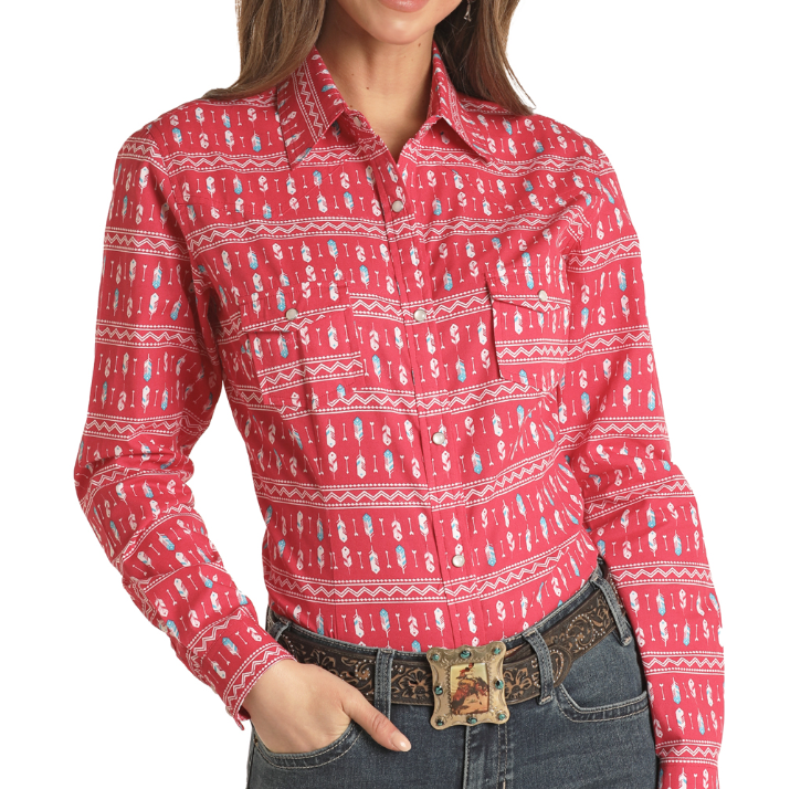 Rock & Roll Women Juniors Long Sleeve Print Snap Shirt