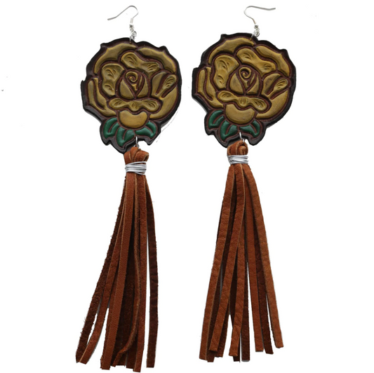 Double J Saddlery Vestige Yellow Rose & Tassel Leather Earrings