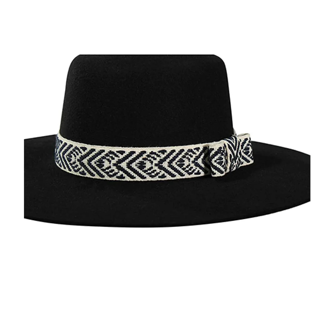 Black fedora hat with a decorative hatband on a white background