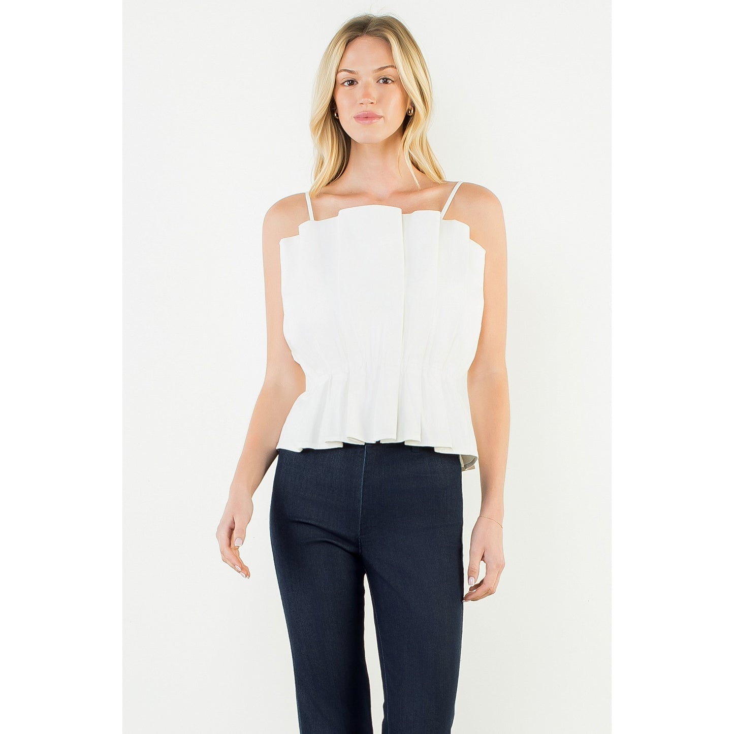 Thin Strap Pleated Top in White