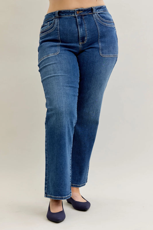 Judy Blue Mid Rise 90's Straight Front Patch Jeans