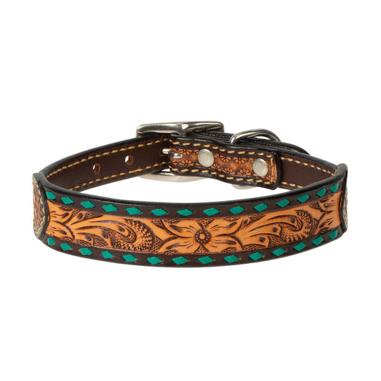 Weaver Turquoise Cross Floral Buckstitch Dog Collar