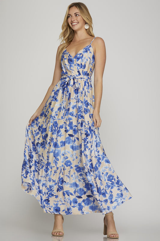 Blue Floral Cami Tiered Maxi Dress