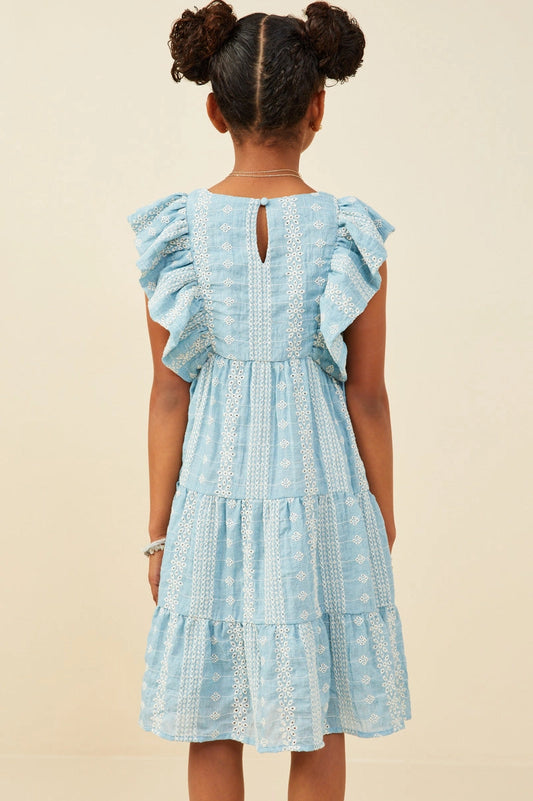Girls Blue Embroidered Ruffled Lace Sleeveless Dress