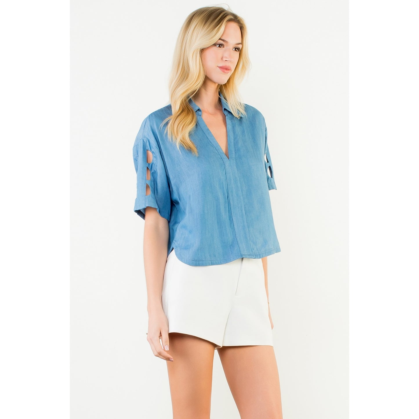 Short Sleeve Cutout Denim Top