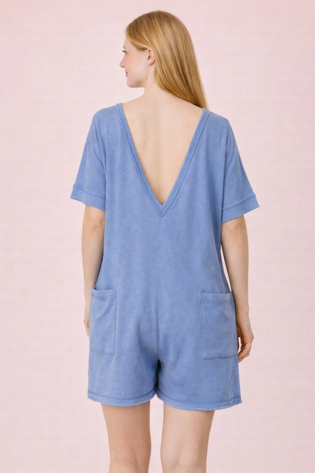 Mineral Washed Knit Casual Romper in Denim
