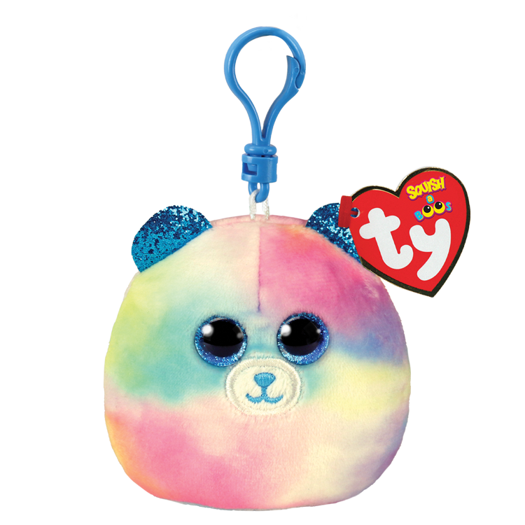 Ty Squish a Boos plush bear toy with rainbow pattern and blue clip on a white background