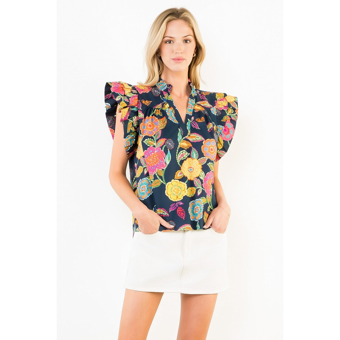 Ruffle Sleeve Navy Floral Pattern Top