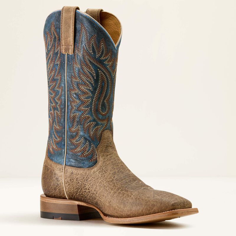 Ariat Gold Point Wide Square Toe Cowboy Boot in Earth Brown Bison/ Royal Blue