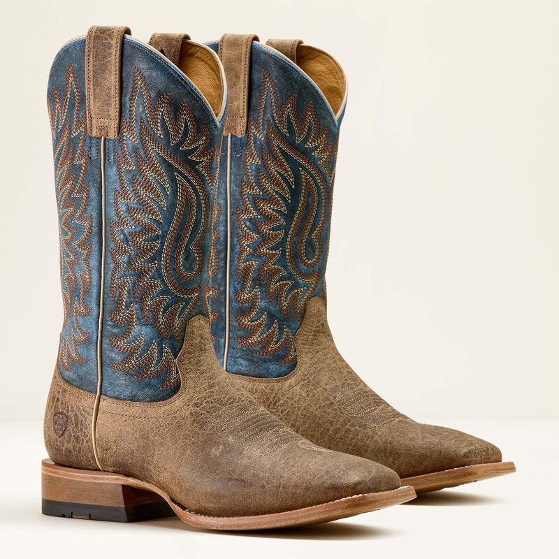 Ariat Gold Point Wide Square Toe Cowboy Boot in Earth Brown Bison/ Royal Blue