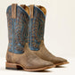 Ariat Gold Point Wide Square Toe Cowboy Boot in Earth Brown Bison/ Royal Blue