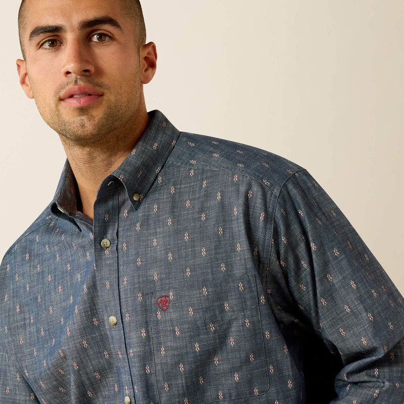 Ariat Teague Classic Fit Shirt in Chambray Blue Medallion Print/Acid Red