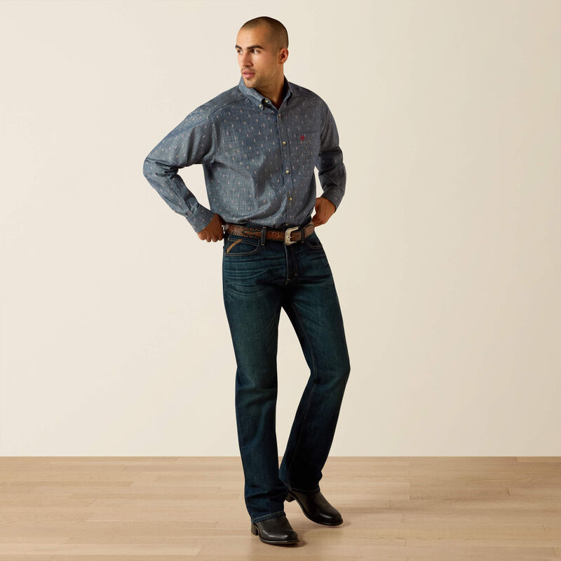 Ariat Teague Classic Fit Shirt in Chambray Blue Medallion Print/Acid Red