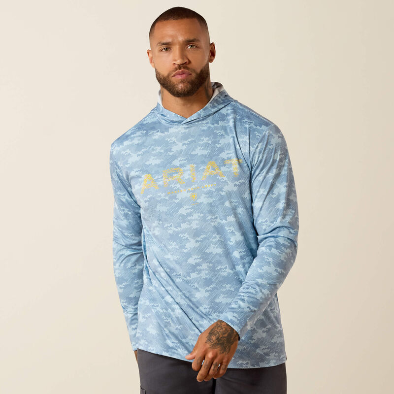 Ariat Rebar Sunblocker Printed Craft Hooded Long Sleeve T-Shirt in Dusty Blue
