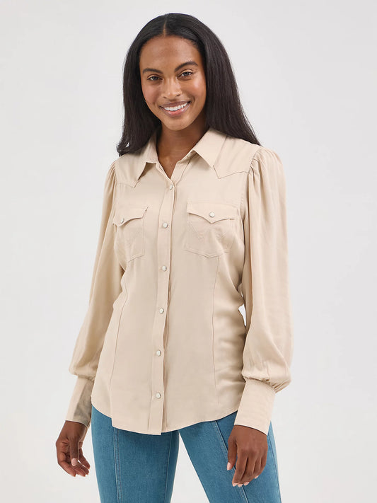 Wrangler Women's Poet Sleeve Western Shirt in Buff