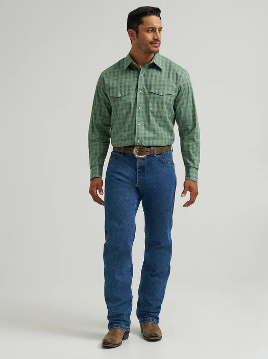 Wrangler Wrinkle Resist Long Sleeve Western Snap Plaid Shirt in Green Leaf