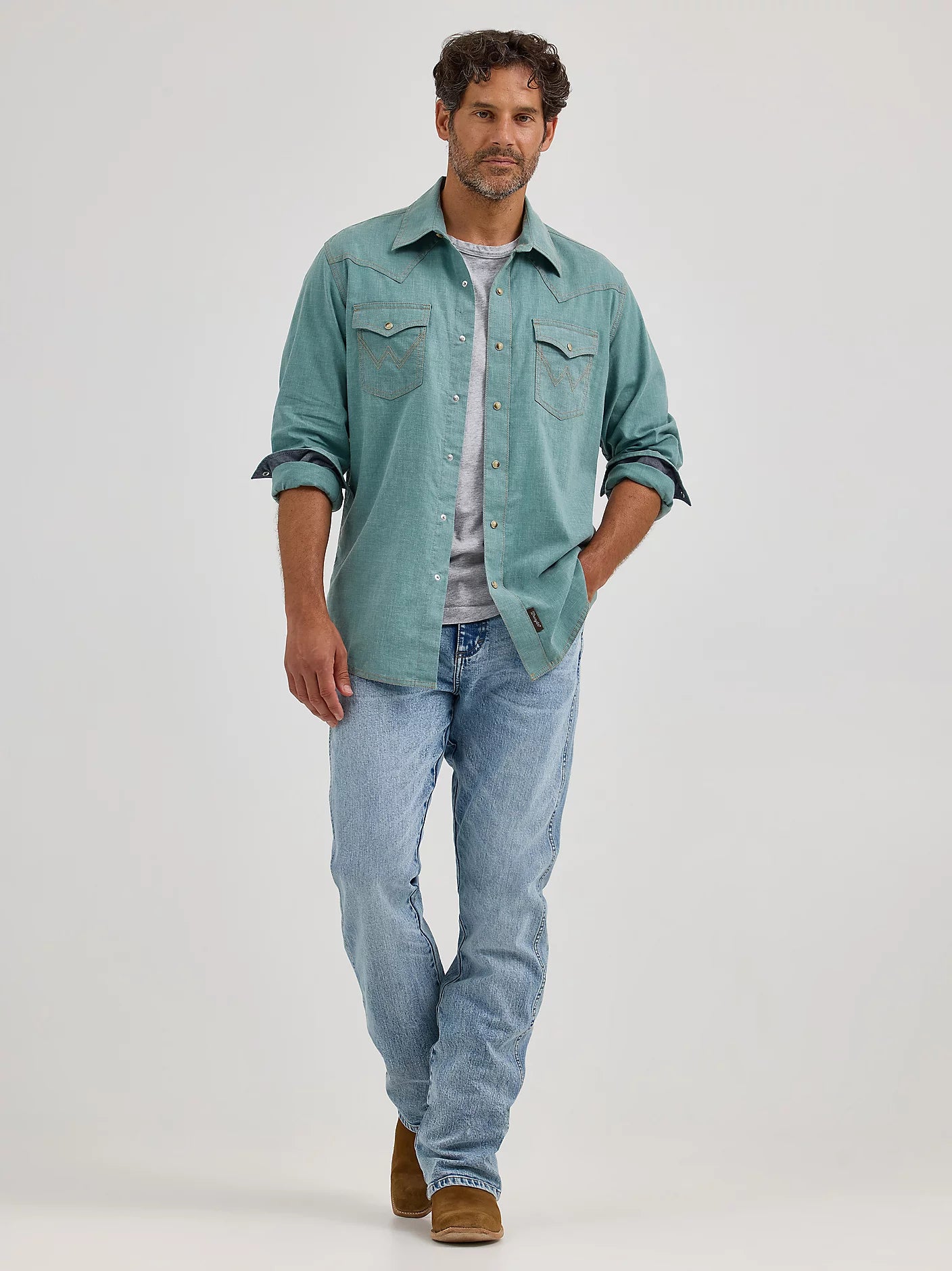 Wrangler Men's Wrangler Retro Premium Western Snap Solid Shirt in Robins Egg