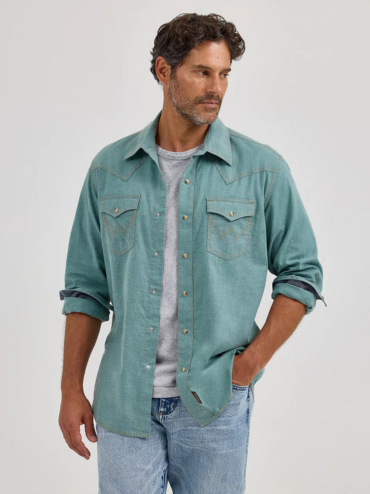 Wrangler Men's Wrangler Retro Premium Western Snap Solid Shirt in Robins Egg