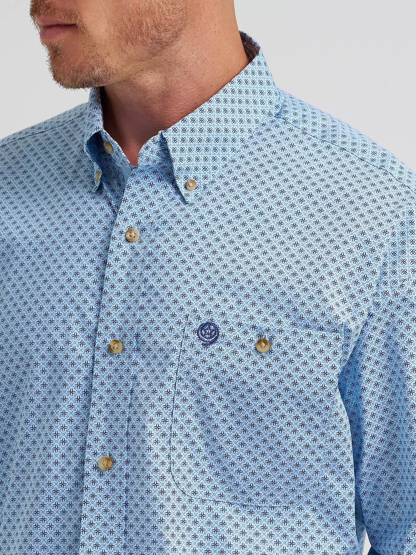 Wrangler George Strait Long Sleeve Button Down One Pocket Shirt in Baby Blue Cross