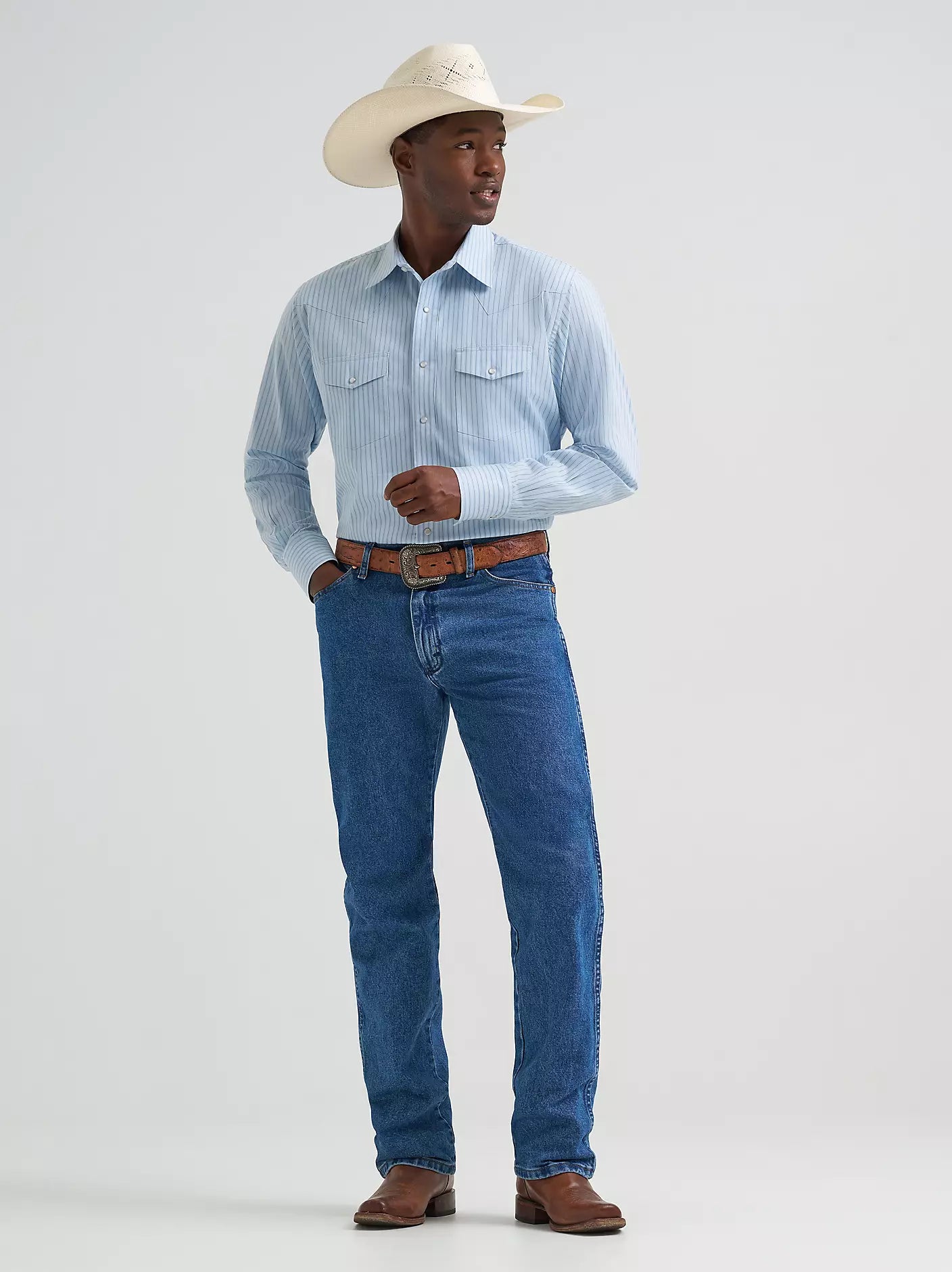wrangler western dress shirts Wrangler Men's Chambray Blue Stripe Wrinkle Resist Shirt, M