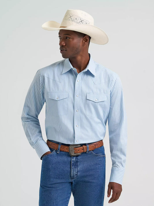 Wrangler Men's Wrinkle Resist Long Sleeve Western Snap Stripe Shirt in Sky Blue
