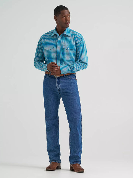 Wrangler Wrinkle Resist Long Sleeve Western Snap Plaid Shirt in Rich Teal