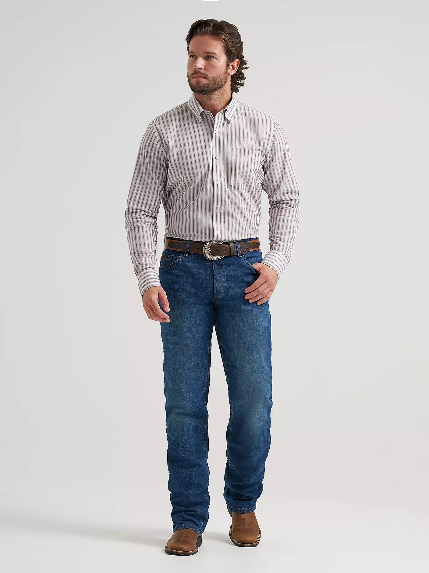 Wrangler Men's Cody Johnson One Pocket Button Down Shirt in Wine Stripes