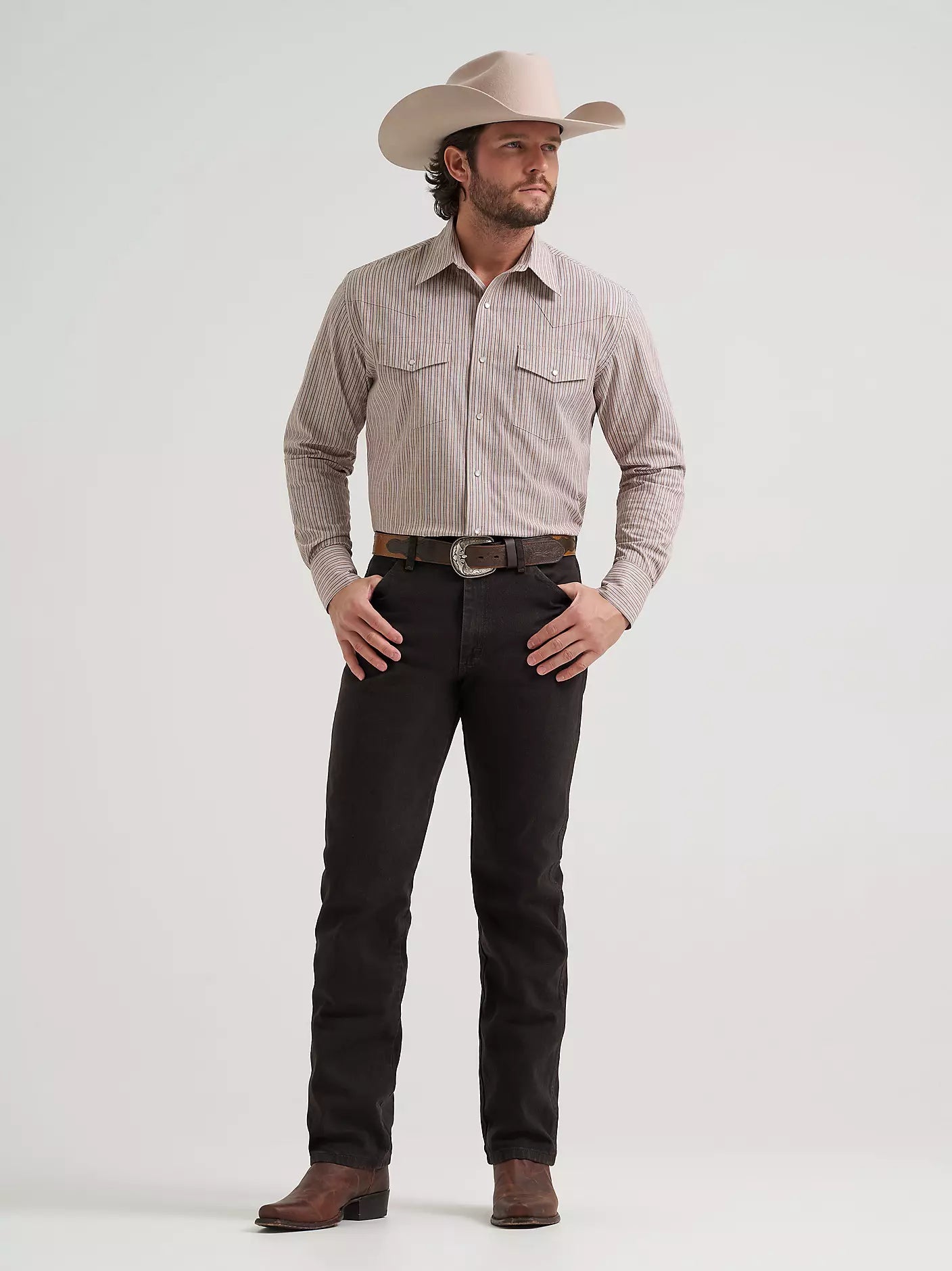 Wrangler Men's Wrinkle Resist Long Sleeve Western Snap Stripe Shirt in Cinnamon