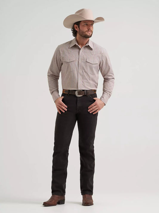 Wrangler Men's Wrinkle Resist Long Sleeve Western Snap Stripe Shirt in Cinnamon