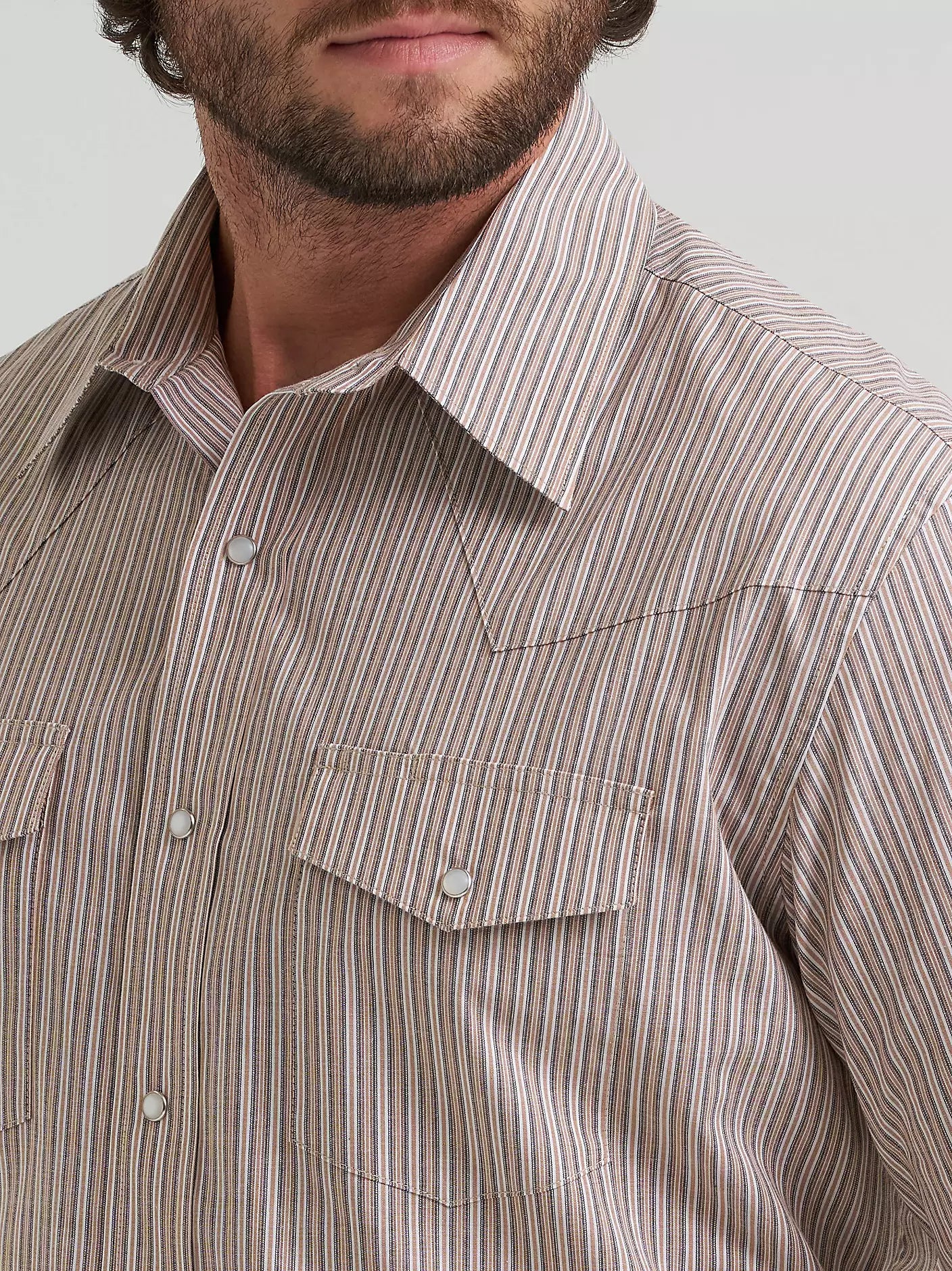 Wrangler Men's Wrinkle Resist Long Sleeve Western Snap Stripe Shirt in Cinnamon