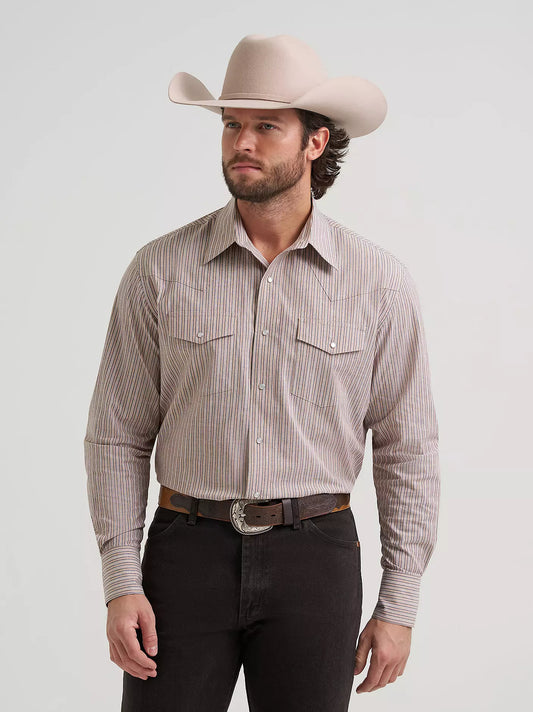 Wrangler Men's Wrinkle Resist Long Sleeve Western Snap Stripe Shirt in Cinnamon