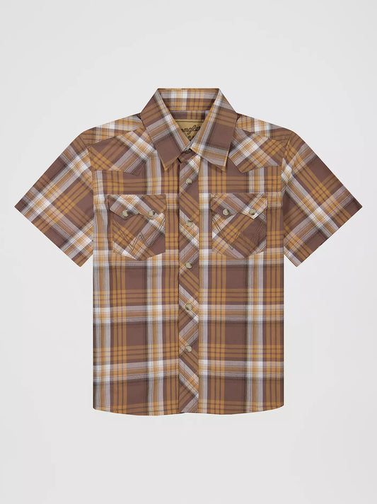Wrangler Boy's Retro® Short Sleeve Western Snap Shirt in Maple Brown