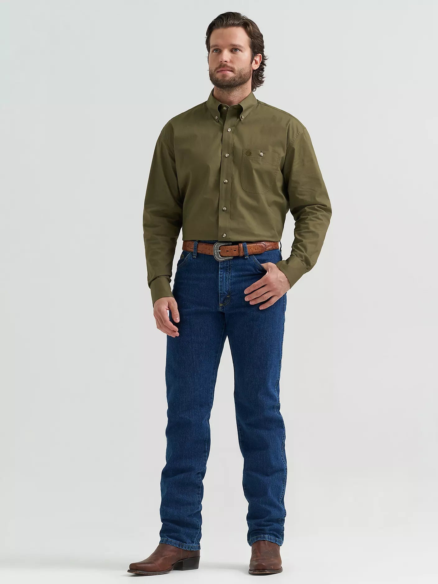 Wrangler® George Strait™ Solid One Pocket Button Down Shirt in Lichen