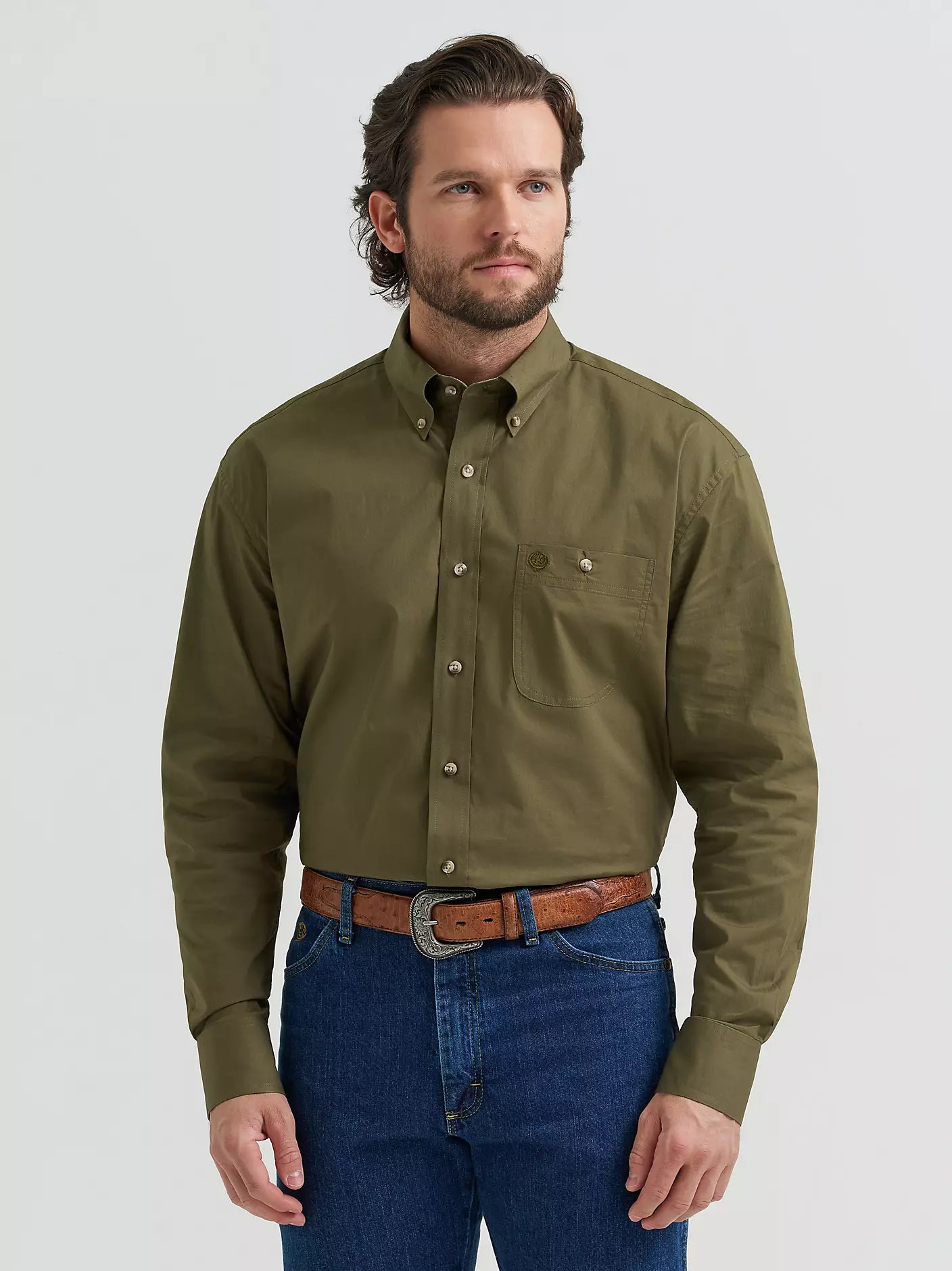 Wrangler® George Strait™ Solid One Pocket Button Down Shirt in Lichen