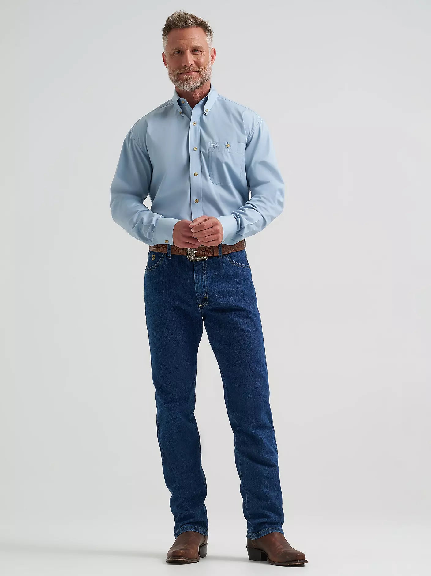 Wrangler® George Strait™ Solid One Pocket Button Down Shirt in Blue Steel