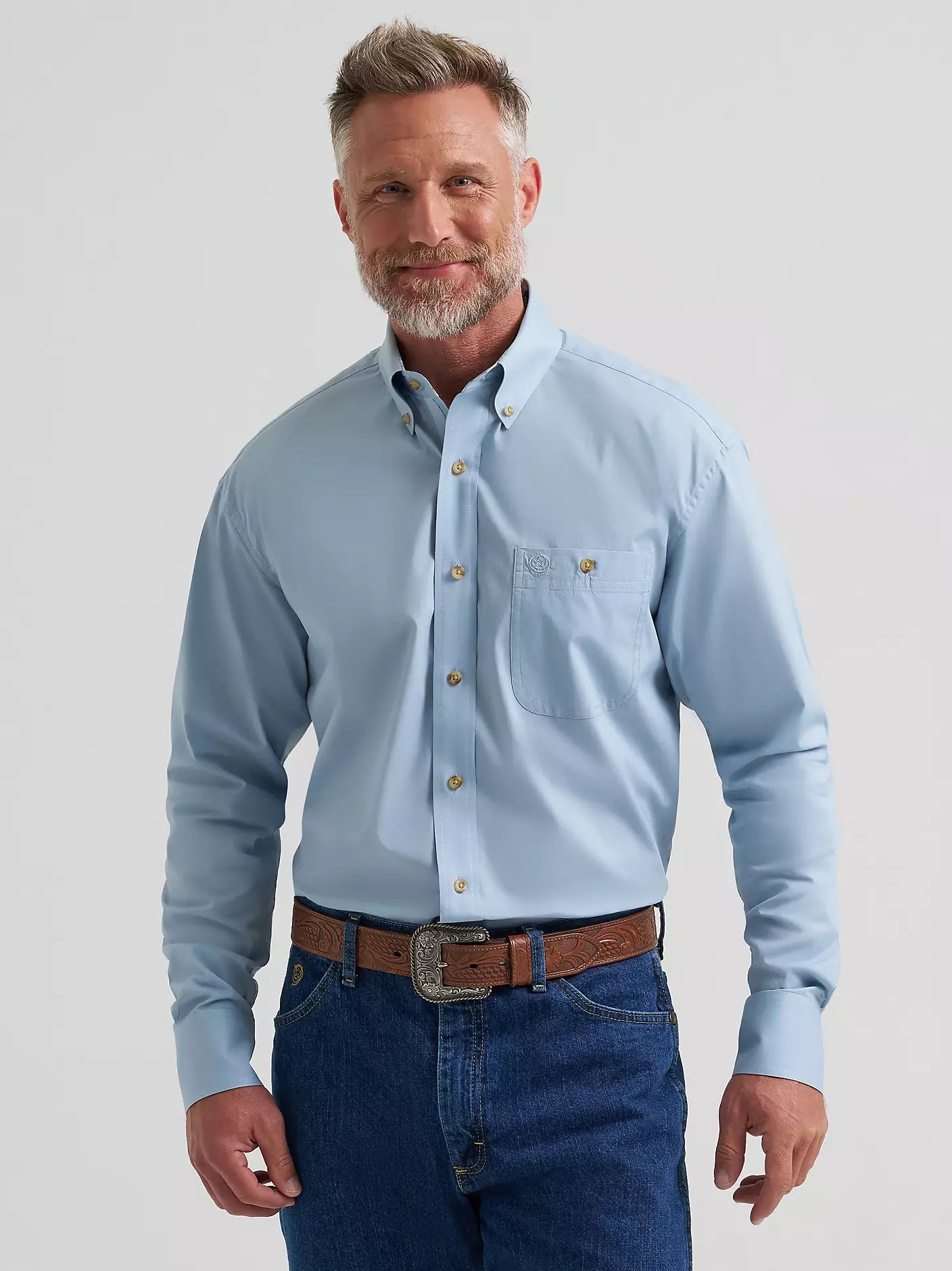 Wrangler® George Strait™ Solid One Pocket Button Down Shirt in Blue Steel
